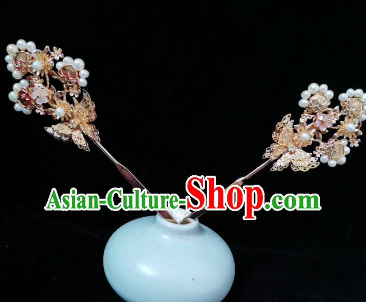China Ancient Palace Lady Pearls Hairpin Ming Dynasty Princess Golden Butterfly Hair Stick Traditional Hanfu Headwear