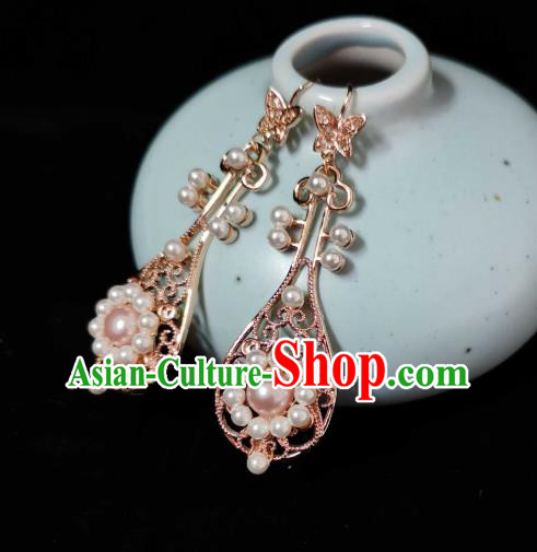 Handmade Chinese Tang Dynasty Princess Golden Lute Ear Accessories Traditional Ancient Palace Lady Earrings