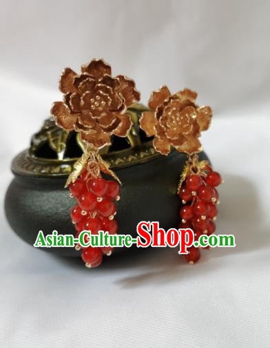 Handmade Chinese Traditional Tang Dynasty Princess Ear Accessories Ancient Palace Lady Golden Peony Earrings