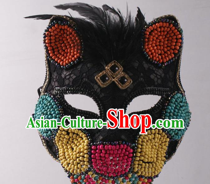 Halloween Party Male Cosplay Feather Mask Professional Stage Performance Black Lace Cat Face Mask Rio Carnival Headwear