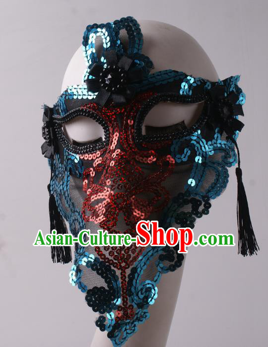 Handmade Costume Ball Female Face Mask Stage Show Blue Sequins Headpiece Halloween Cosplay Party Blinder Mask