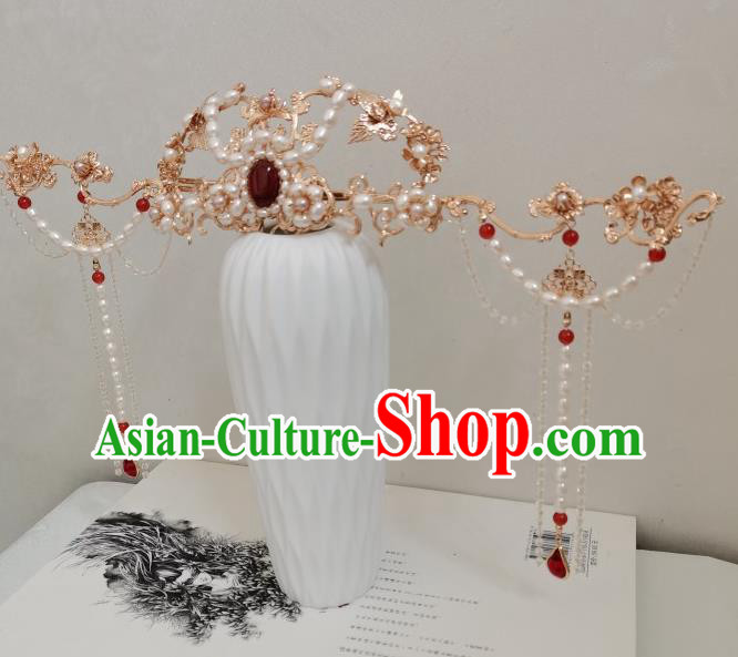 China Ancient Queen Hair Accessories Traditional Ming Dynasty Empress Pearls Hair Crown and Tassel Hairpins