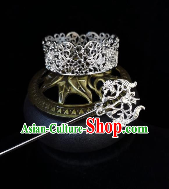 Chinese Traditional Tang Dynasty Prince Argent Hair Crown and Hairpin Ancient Nobility Childe Headwear