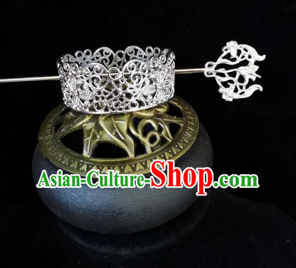 Chinese Traditional Tang Dynasty Prince Argent Hair Crown and Hairpin Ancient Nobility Childe Headwear