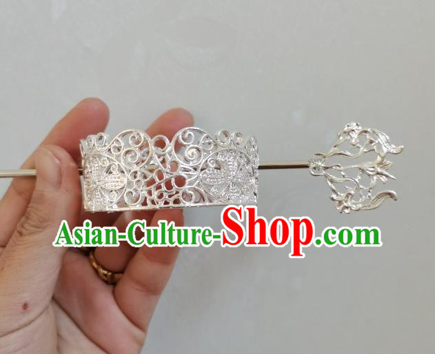 Chinese Traditional Tang Dynasty Prince Argent Hair Crown and Hairpin Ancient Nobility Childe Headwear