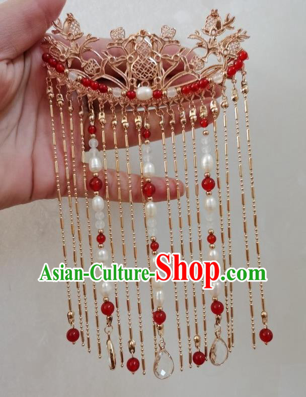 China Ancient Imperial Concubine Golden Hairpin Traditional Ming Dynasty Empress Tassel Hair Comb
