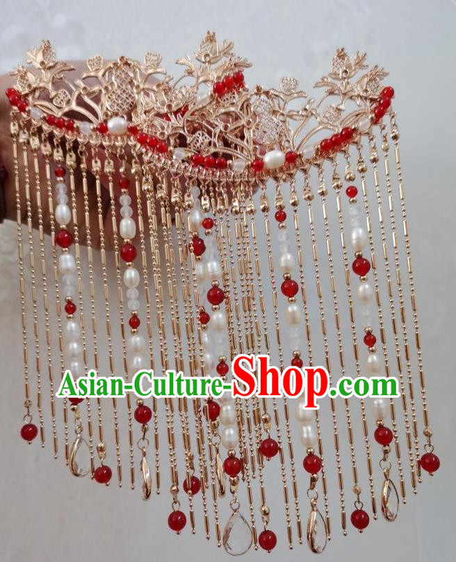 China Ancient Imperial Concubine Golden Hairpin Traditional Ming Dynasty Empress Tassel Hair Comb