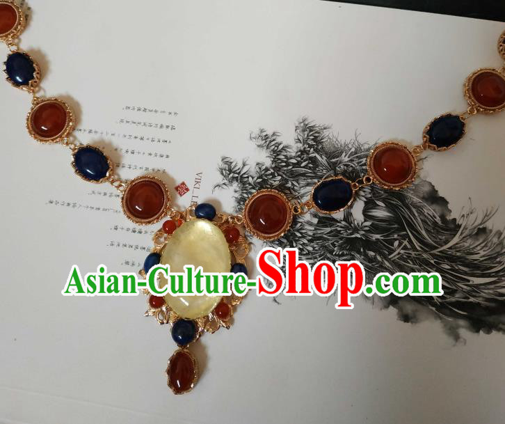 Handmade Chinese Tang Dynasty Empress Gems Necklace Accessories Traditional Ancient Princess Agate Necklet