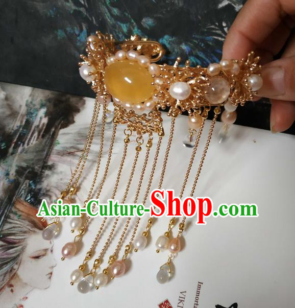 Handmade Chinese Tang Dynasty Golden Bangle Accessories Traditional Ancient Princess Pearls Tassel Bracelet