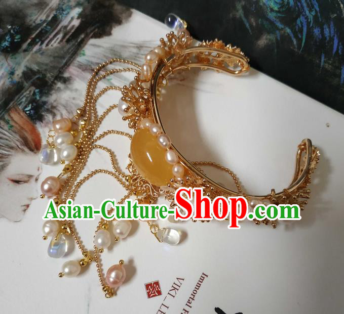 Handmade Chinese Tang Dynasty Golden Bangle Accessories Traditional Ancient Princess Pearls Tassel Bracelet