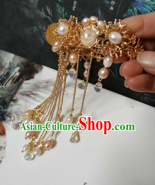 Handmade Chinese Tang Dynasty Golden Bangle Accessories Traditional Ancient Princess Pearls Tassel Bracelet