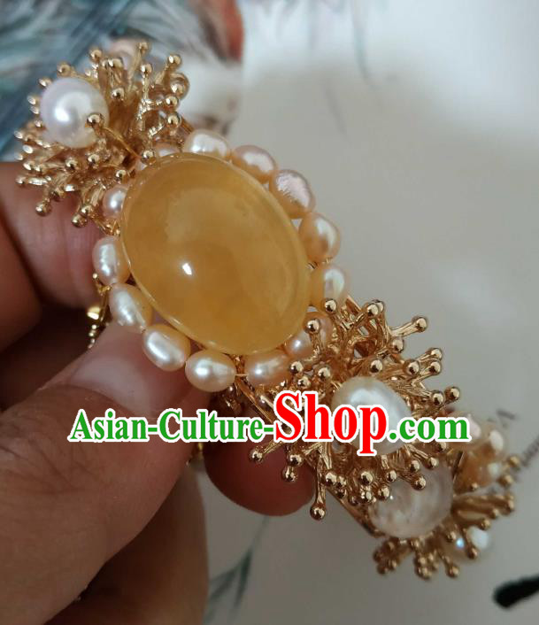 Handmade Chinese Tang Dynasty Golden Bangle Accessories Traditional Ancient Princess Pearls Tassel Bracelet