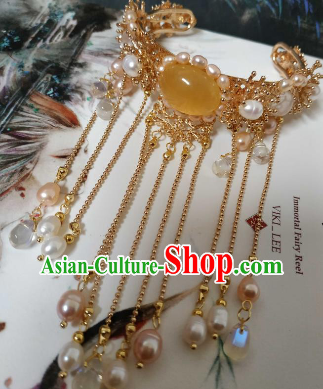 Handmade Chinese Tang Dynasty Golden Bangle Accessories Traditional Ancient Princess Pearls Tassel Bracelet