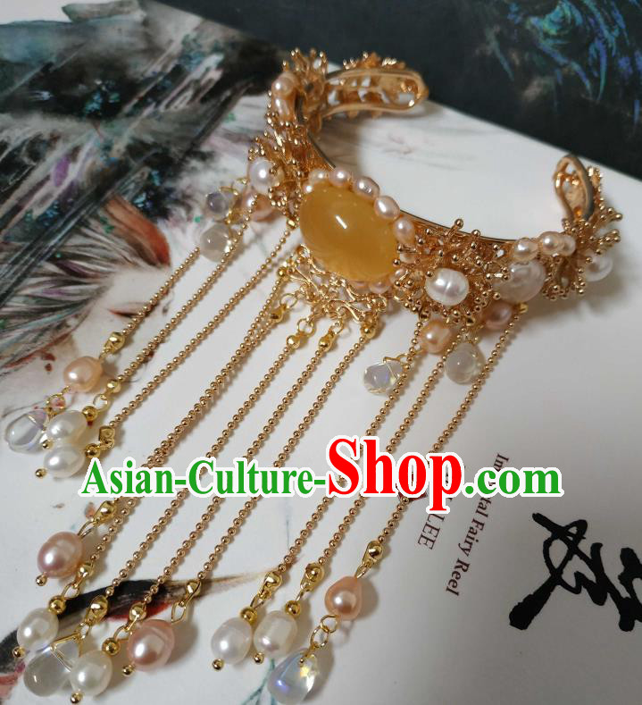 Handmade Chinese Tang Dynasty Golden Bangle Accessories Traditional Ancient Princess Pearls Tassel Bracelet