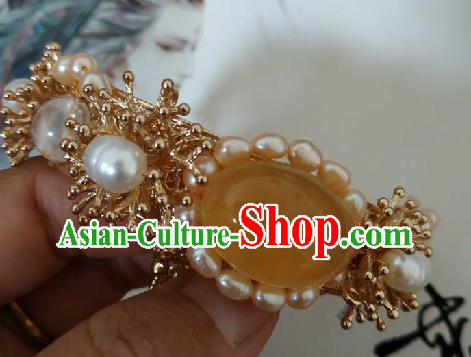 Handmade Chinese Tang Dynasty Golden Bangle Accessories Traditional Ancient Princess Pearls Tassel Bracelet
