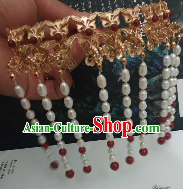 China Ancient Imperial Consort Pearls Tassel Hairpin Traditional Hanfu Hair Accessories Ming Dynasty Empress Golden Phoenix Hair Crown
