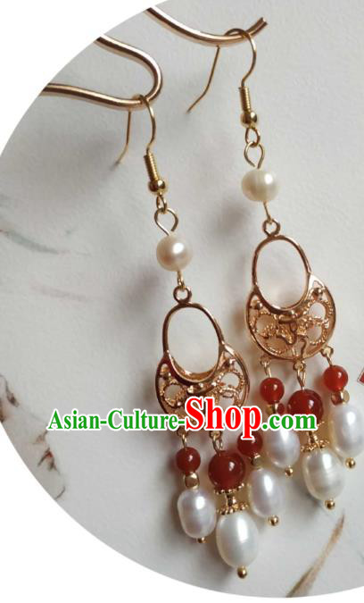 Handmade Chinese Tang Dynasty Empress Golden Ear Accessories Traditional Ancient Princess Pearls Tassel Earrings