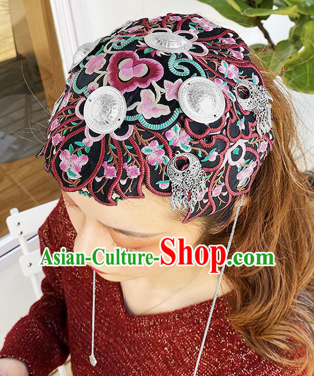 China Yunnan Minority Woman Silver Tassel Hair Clasp Handmade Embroidered Black Headband Ethnic Folk Dance Headdress