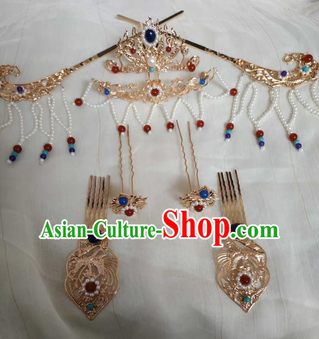 China Ancient Court Queen Tassel Hairpins Traditional Hanfu Hair Accessories Song Dynasty Wedding Phoenix Hair Crown Full Set