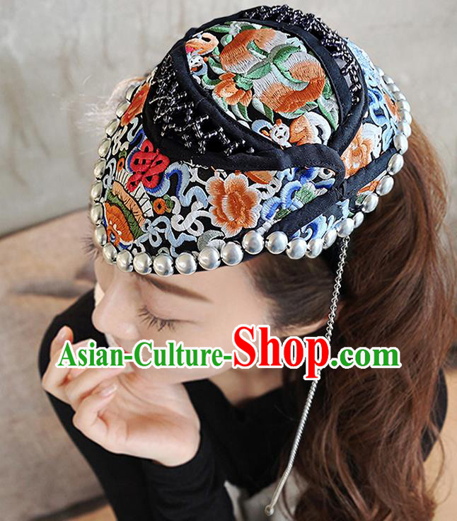 China Yunnan Minority Woman Embroidered Peony Hair Clasp Ethnic Silver Tassel Hat Headwear Handmade Peacock Dance Black Cloth Headband