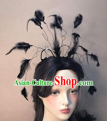 Top Baroque Bride Black Feather Hair Crown Stage Show Giant Headdress Catwalks Hair Accessories Cosplay Goddess Hair Clasp