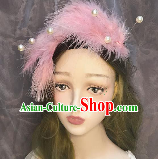 Top Baroque Bride Pearls Hair Claws Stage Show Pink Feather Hair Stick Catwalks Ballet Dance Performance Hair Accessories
