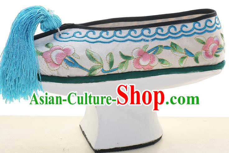 Chinese Qing Dynasty Princess Saucers Shoes Ancient Palace Lady Embroidered White Satin Shoes