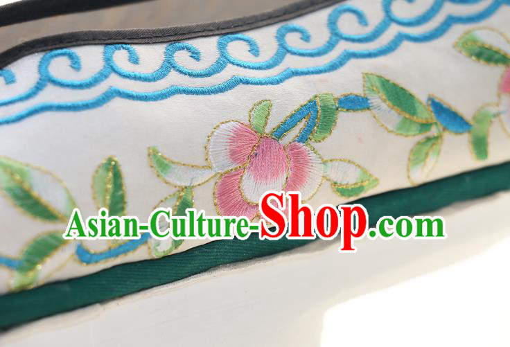 Chinese Qing Dynasty Princess Saucers Shoes Ancient Palace Lady Embroidered White Satin Shoes