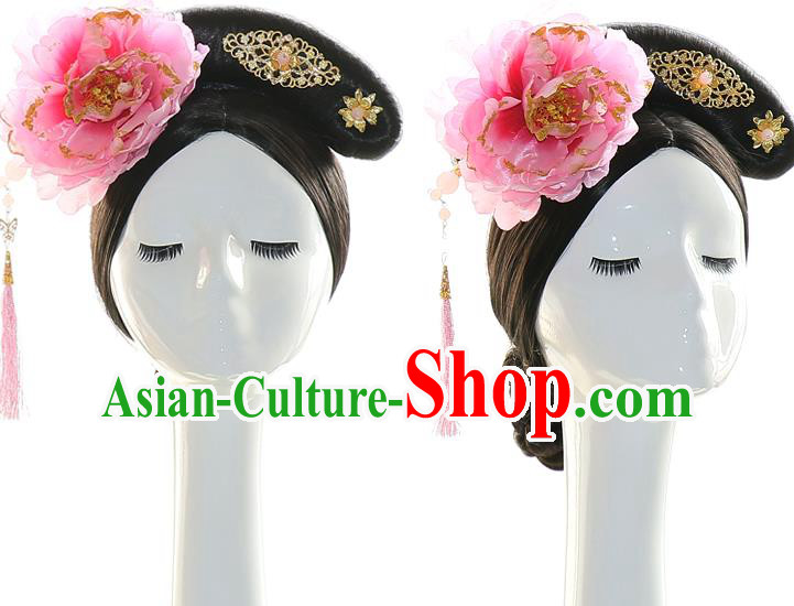 Chinese Ancient Manchu Lady Hair Chignon Drama Jade Palac  Lock Heart Pink Peony Hair Accessories Qing Dynasty Princess Wigs Sheath