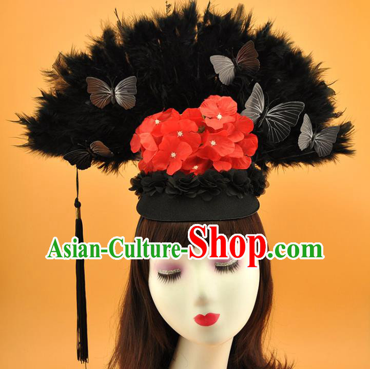 Chinese Stage Show Butterfly Tassel Hair Crown Cosplay Court Black Feather Fan Top Hat Catwalks Deluxe Headdress