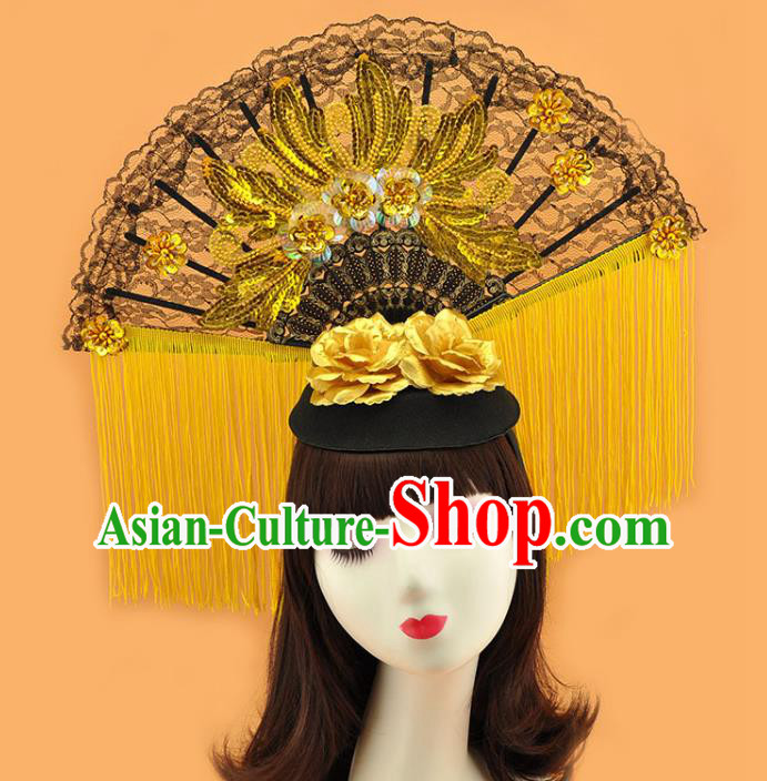 Chinese Cosplay Court Black Lace Fan Top Hat Catwalks Deluxe Yellow Tassel Headdress Stage Show Sequins Hair Crown