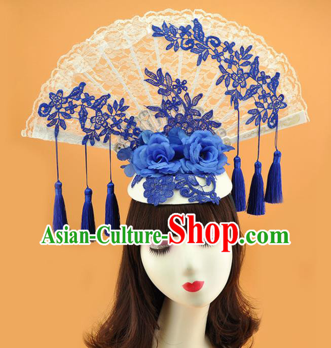 Chinese Court Blue and White Porcelain Top Hat Catwalks Deluxe Blue Tassel Headdress Stage Show Lace Fan Hair Crown