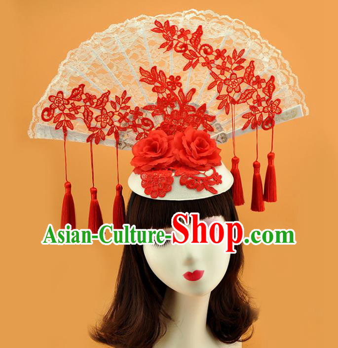 Chinese Stage Show Lace Fan Hair Crown Court Blue and White Porcelain Top Hat Catwalks Deluxe Red Tassel Headdress