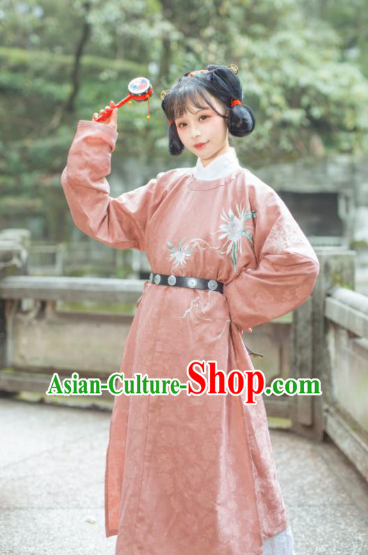 China Tang Dynasty Young Beauty Historical Clothing Ancient Village Lady Dress Traditional Hanfu Pink Robe Garment