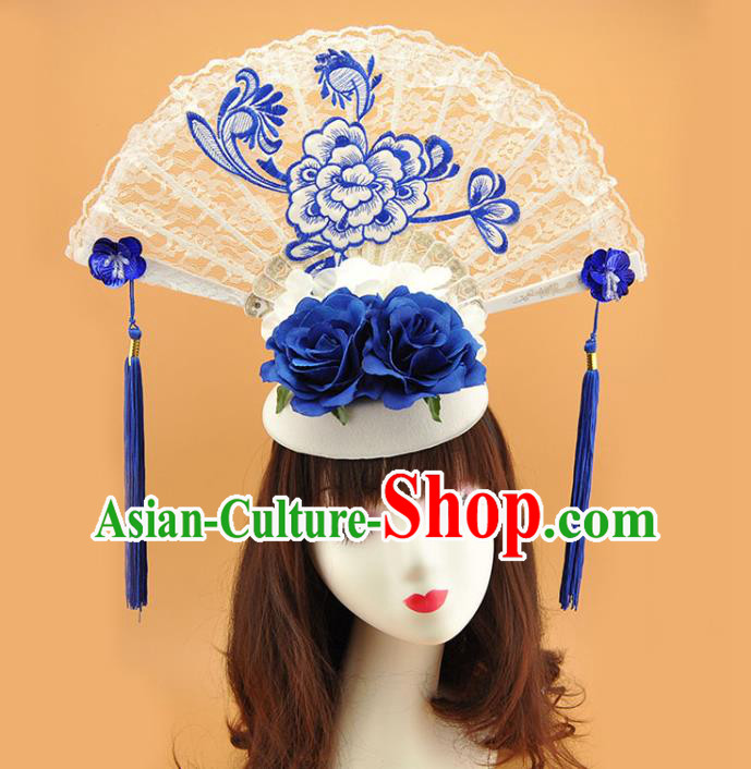 Chinese Stage Show Embroidered Peony Hair Crown Traditional Court White Lace Fan Top Hat Handmade Qipao Catwalks Deluxe Headpiece