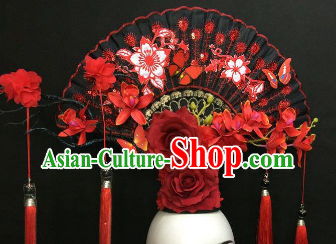 Chinese Traditional Court Black Fan Top Hat Handmade Catwalks Deluxe Headpiece Qipao Stage Show Tassel Hair Crown