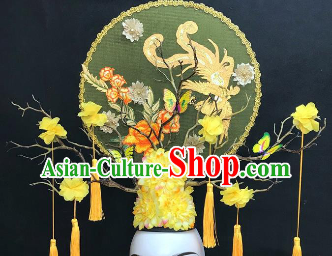Chinese Qipao Stage Show Embroidered Phoenix Hair Crown Traditional Court Yellow Flowers Top Hat Handmade Catwalks Deluxe Headpiece