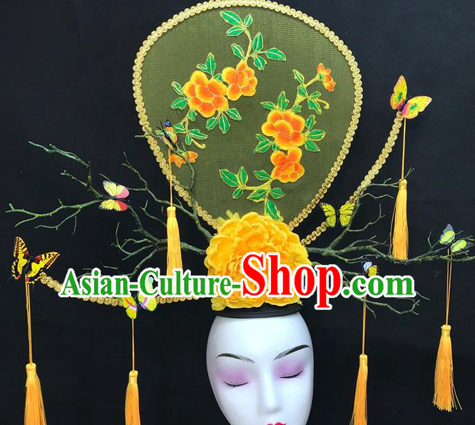 Chinese Traditional Court Giant Top Hat Handmade Catwalks Deluxe Headwear Qipao Stage Show Yellow Peony Hair Crown