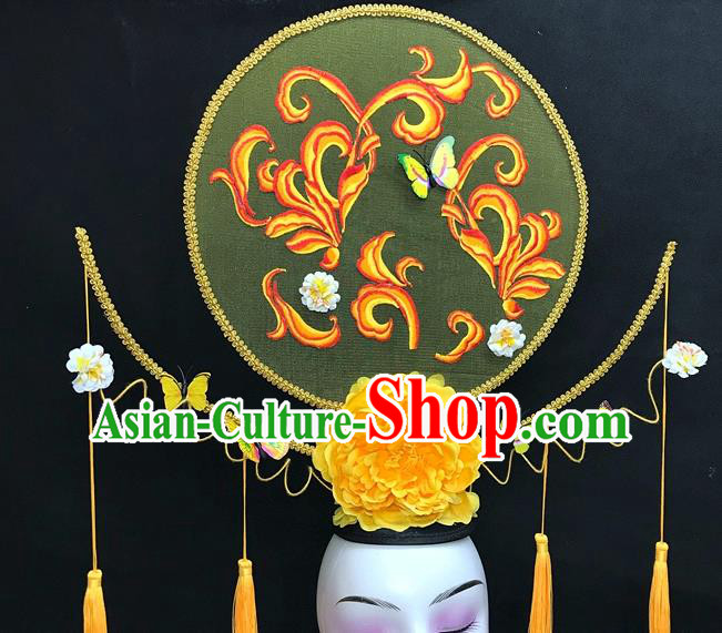 Chinese Qipao Stage Show Yellow Peony Hair Crown Traditional Court Giant Top Hat Handmade Catwalks Deluxe Butterfly Headwear