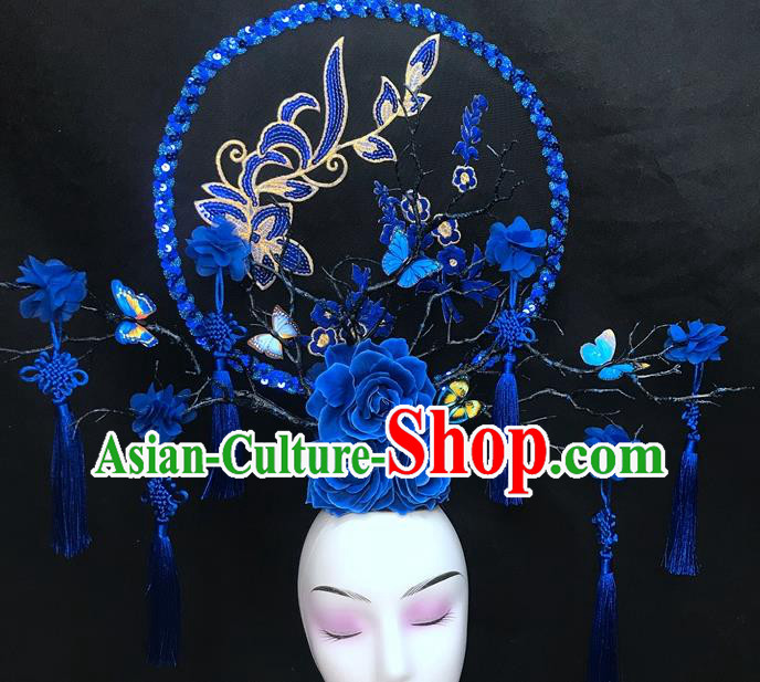 Chinese Qipao Stage Show Blue Hair Crown Traditional Court Giant Fan Top Hat Handmade Catwalks Deluxe Rose Branch Headwear
