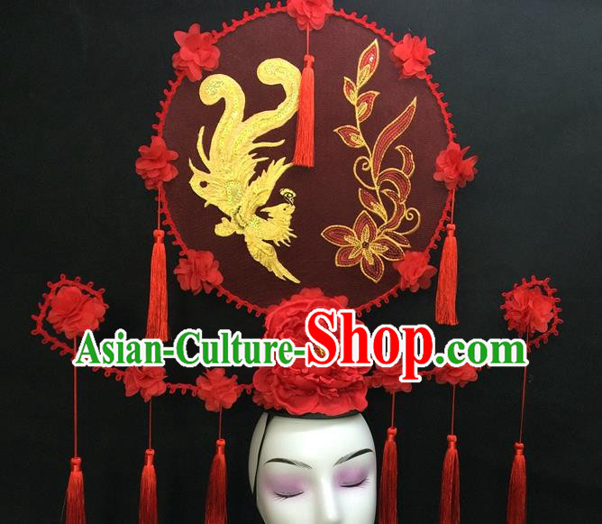 Chinese Qipao Stage Show Embroidered Phoenix Hair Crown Traditional Court Giant Red Peony Top Hat Handmade Catwalks Deluxe Tassel Headwear