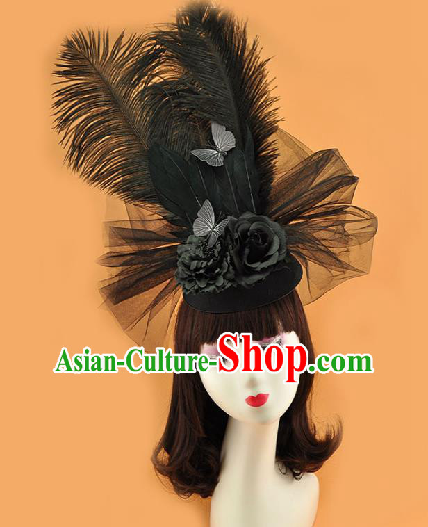 Top Brazilian Carnival Royal Crown Halloween Fancy Ball Hat Miami Black Feathers Headdress Cosplay Party Hair Accessories