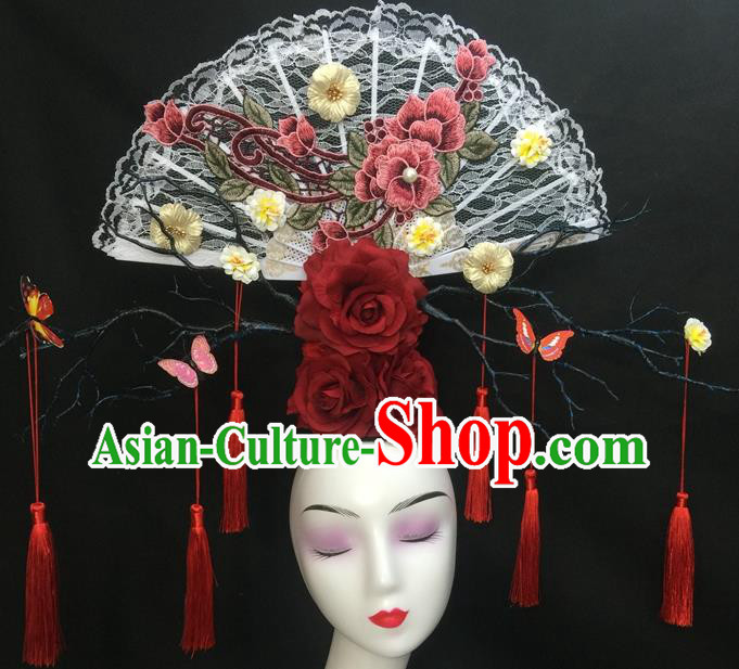 Chinese Qipao Stage Show White Lace Fan Hair Crown Traditional Court Giant Embroidered Peony Top Hat Handmade Catwalks Deluxe Headwear