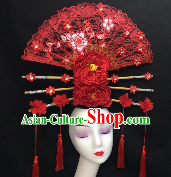 Chinese Traditional Court Giant Red Peony Top Hat Handmade Catwalks Deluxe Lace Fan Headwear Qipao Stage Show Tassel Hair Crown