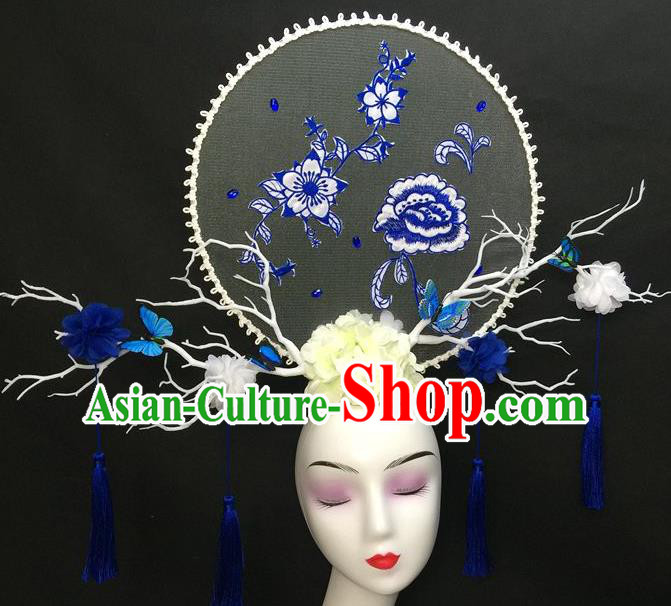 Chinese Qipao Stage Show Tassel Hair Crown Traditional Court Giant Top Hat Handmade Catwalks Deluxe Embroidered Peony Headwear