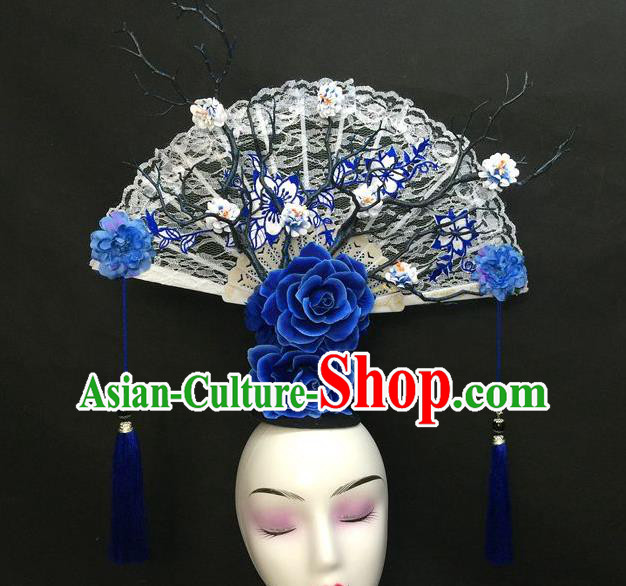 Chinese Traditional Court Giant Top Hat Handmade Catwalks Deluxe Embroidered Headwear Qipao Stage Show White Lace Fan Hair Crown
