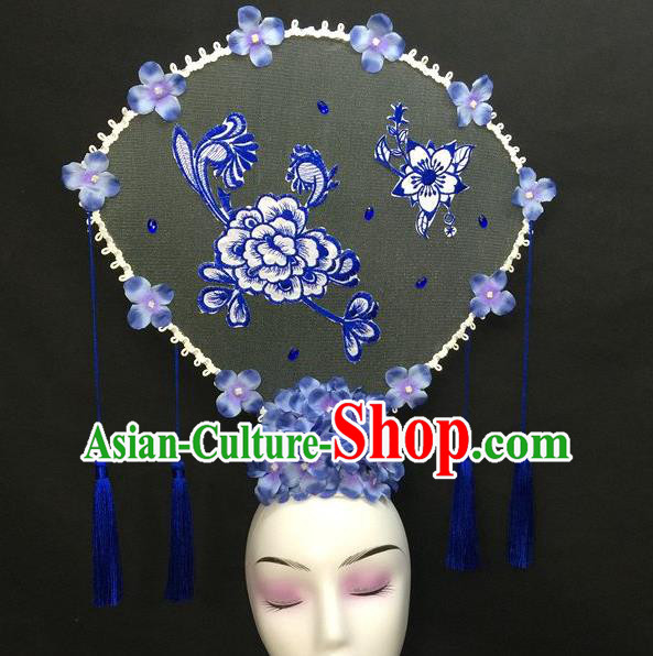 Chinese Qipao Stage Show Large Fan Hair Crown Traditional Court Giant Lilac Flowers Top Hat Handmade Catwalks Deluxe Headwear