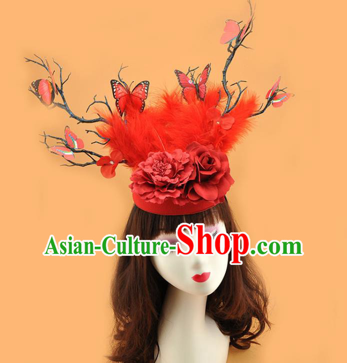 Top Cosplay Party Hair Accessories Brazilian Carnival Feather Royal Crown Halloween Fancy Ball Branch Hat Miami Red Butterfly Headdress