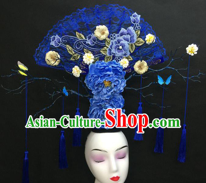 Chinese Traditional Court Giant Lace Fan Top Hat Handmade Catwalks Deluxe Blue Peony Headwear Qipao Stage Show Tassel Hair Crown