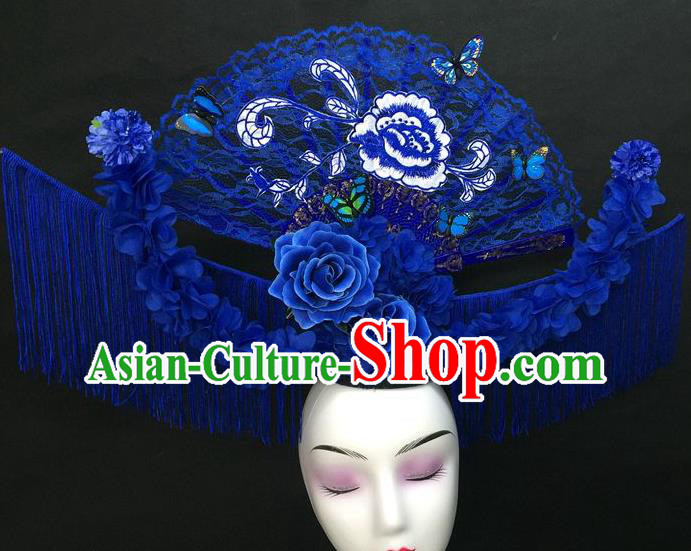 Chinese Qipao Stage Show Embroidered Peony Hair Crown Traditional Court Giant Blue Lace Fan Top Hat Handmade Catwalks Deluxe Tassel Fashion Headwear
